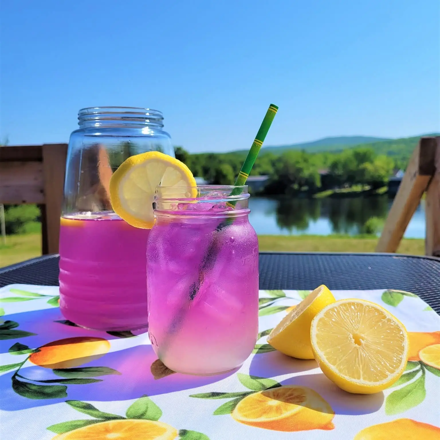 A butterfly pea drink with a purple citrus finish and a cut lemon