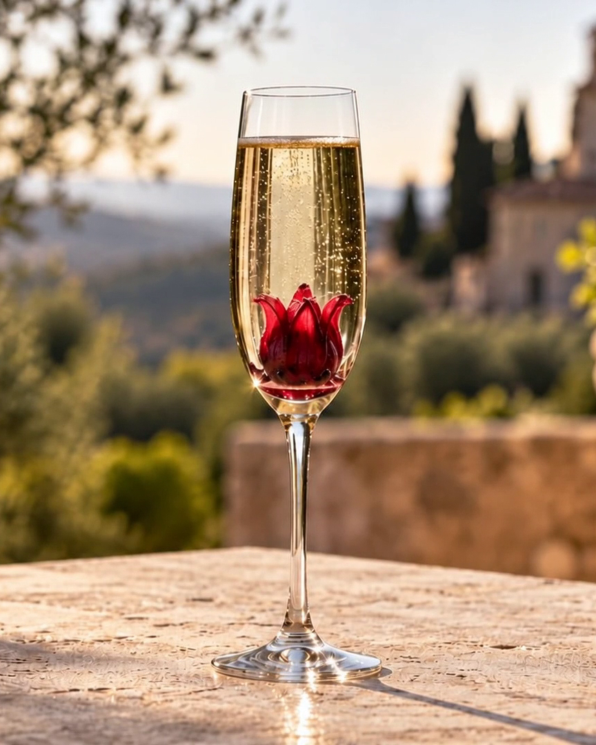 A whole hibiscus flower in a sparkling flute on a sunlit terrace