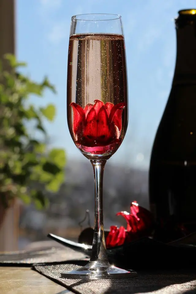 A whole hibiscus flower at the bottom of a narrow champagne flute
